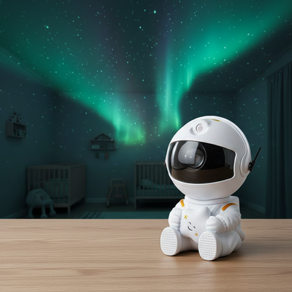 Astronaute projecteur blanc simulant une aurore boréale colorée au plafond.