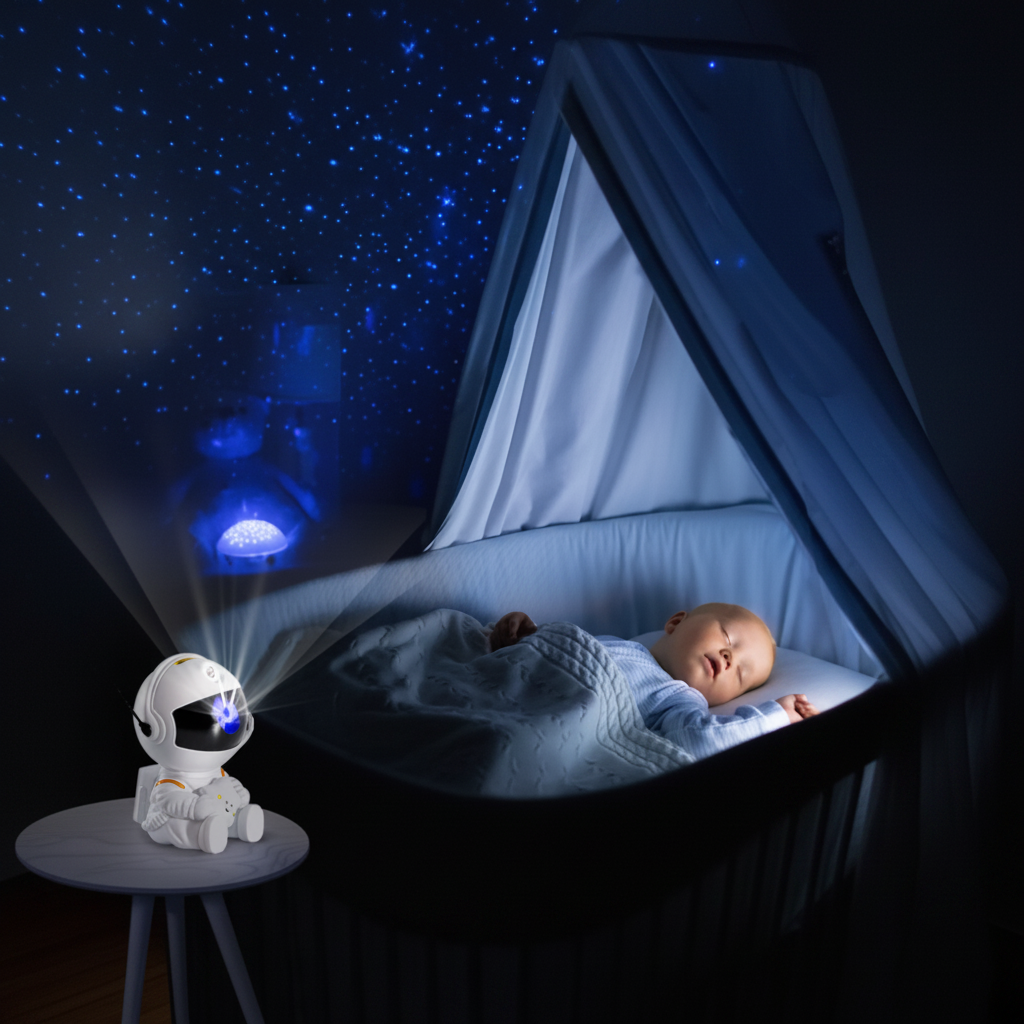 Astronaute projecteur diffusant un ciel étoilé au-dessus d'un lit à barreaux.