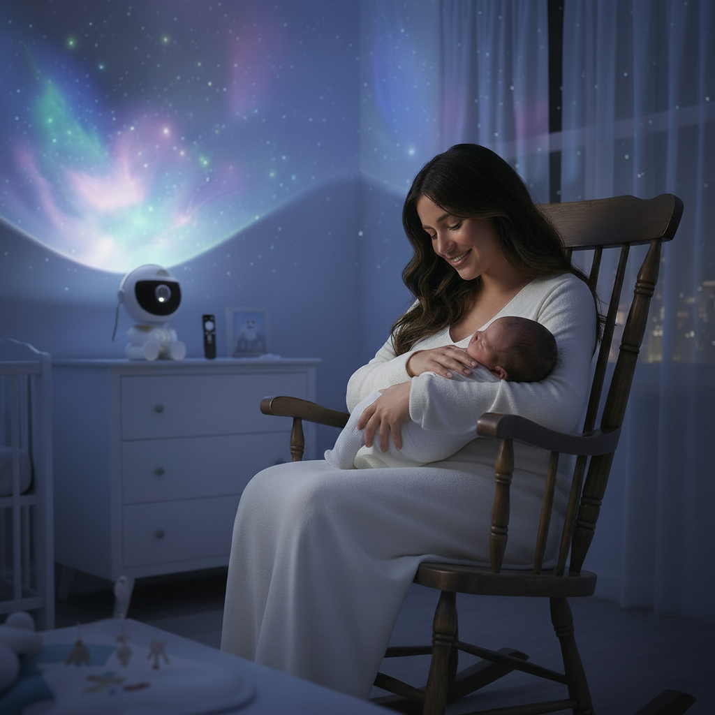 Astronaute projecteur de galaxie illuminant une chambre de bébé pendant que la maman allaite.