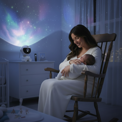 Astronaute projecteur de galaxie illuminant une chambre de bébé pendant que la maman allaite.