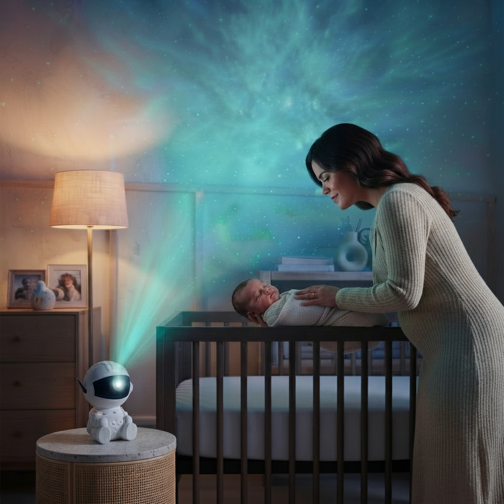 Astronaute projecteur créant une nuit apaisante dans une chambre d'enfant.