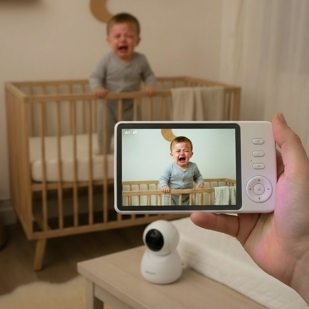 Babyphone affichant une alerte visuelle sur le moniteur lorsqu'un bébé se réveille et se tient debout dans son lit.