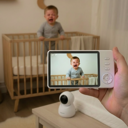 Babyphone affichant une alerte visuelle sur le moniteur lorsqu'un bébé se réveille et se tient debout dans son lit.