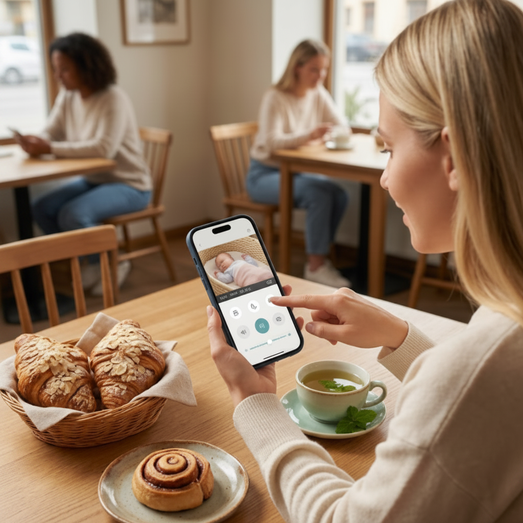 Babyphone avec application mobile consultée par une maman assise dans un café de style nordique avec une viennoiserie et un thé.