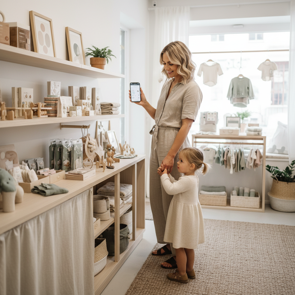 Babyphone connecté utilisé à distance sur smartphone par une maman faisant du shopping avec sa petite fille dans une boutique de vêtements pour bébé.