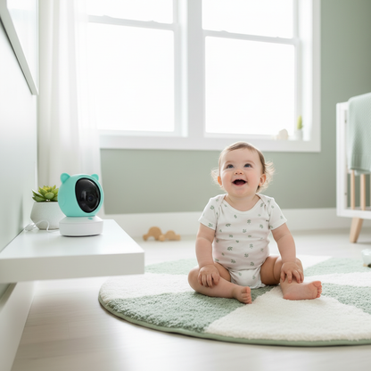 Babyphone avec caméra au design turquoise posée sur une étagère, surveillant un bébé souriant assis sur un tapis rond dans une chambre d'enfant au style nordique épuré.
