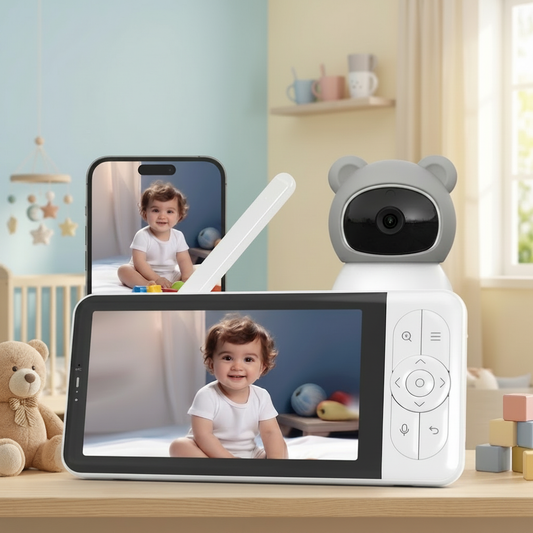 Babyphone connecté avec caméra design ours gris, grand moniteur portable blanc et application smartphone affichant un bébé souriant dans sa chambre.