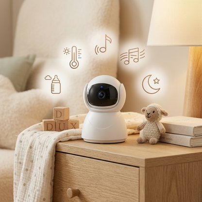 Babyphone caméra blanche rotative posée sur un meuble en bois avec des icônes lumineuses de capteur de température et berceuses.