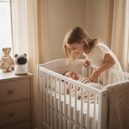 Babyphone discret posé sur une commode dans une chambre d'enfant style scandinave, avec une petite fille qui regarde son petit frère dans son lit à barreaux.