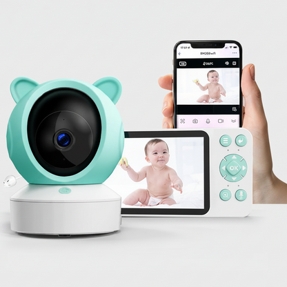 Babyphone avec caméra design turquoise à oreilles, incluant un moniteur parental et une application mobile sur smartphone pour une surveillance double et flexible de bébé.