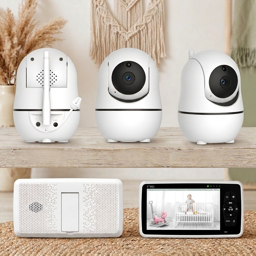 Babyphone sous trois angles différents et son moniteur de contrôle présentés sur un support en bois naturel.