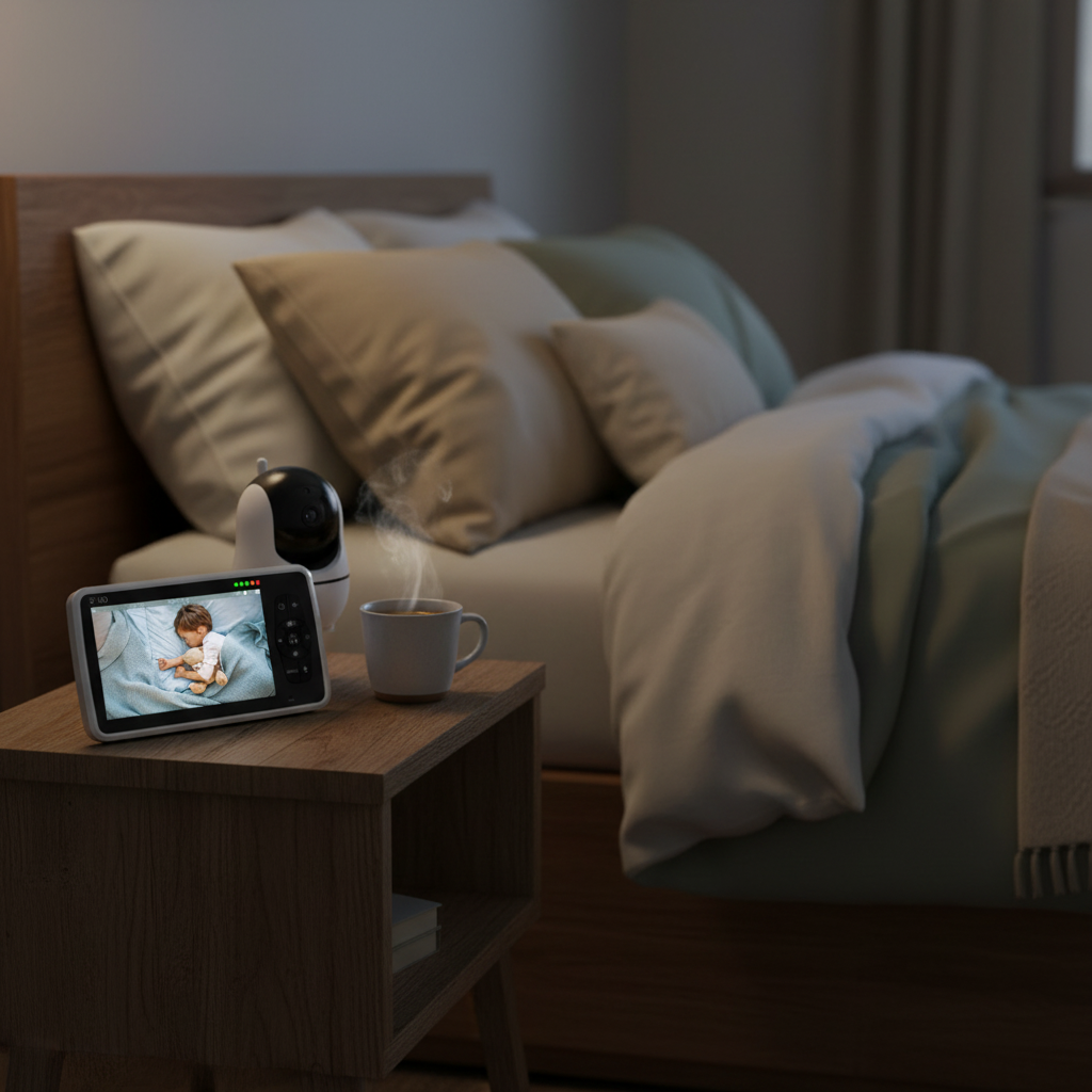Babyphone vidéo intégré dans la décoration d'une chambre moderne à côté d'un lit douillet.