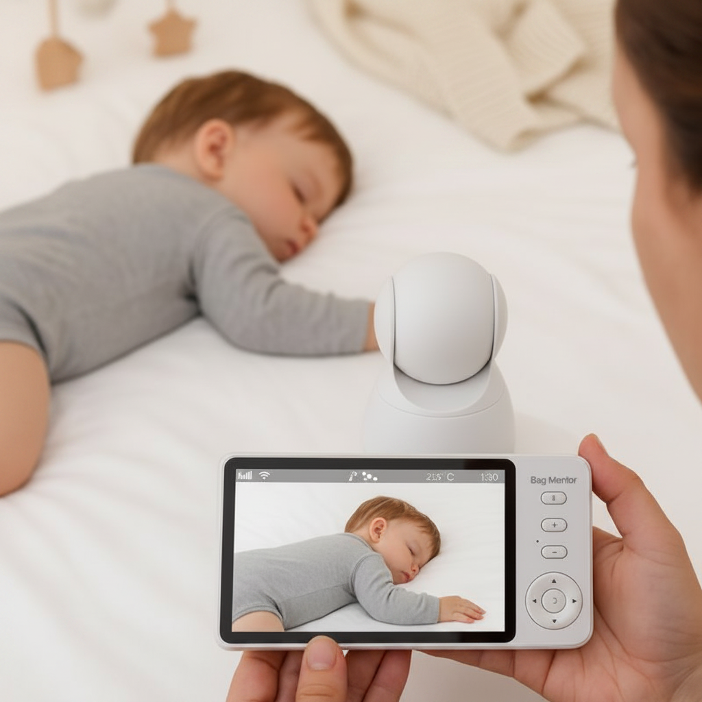 Babyphone écran haute définition montrant un gros plan net et hyperréaliste d'un bébé blond qui dort paisiblement.