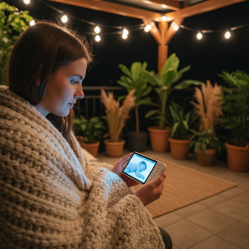 Babyphone longue portée utilisé en extérieur sur une terrasse le soir pour garder un œil sur l'enfant à distance.