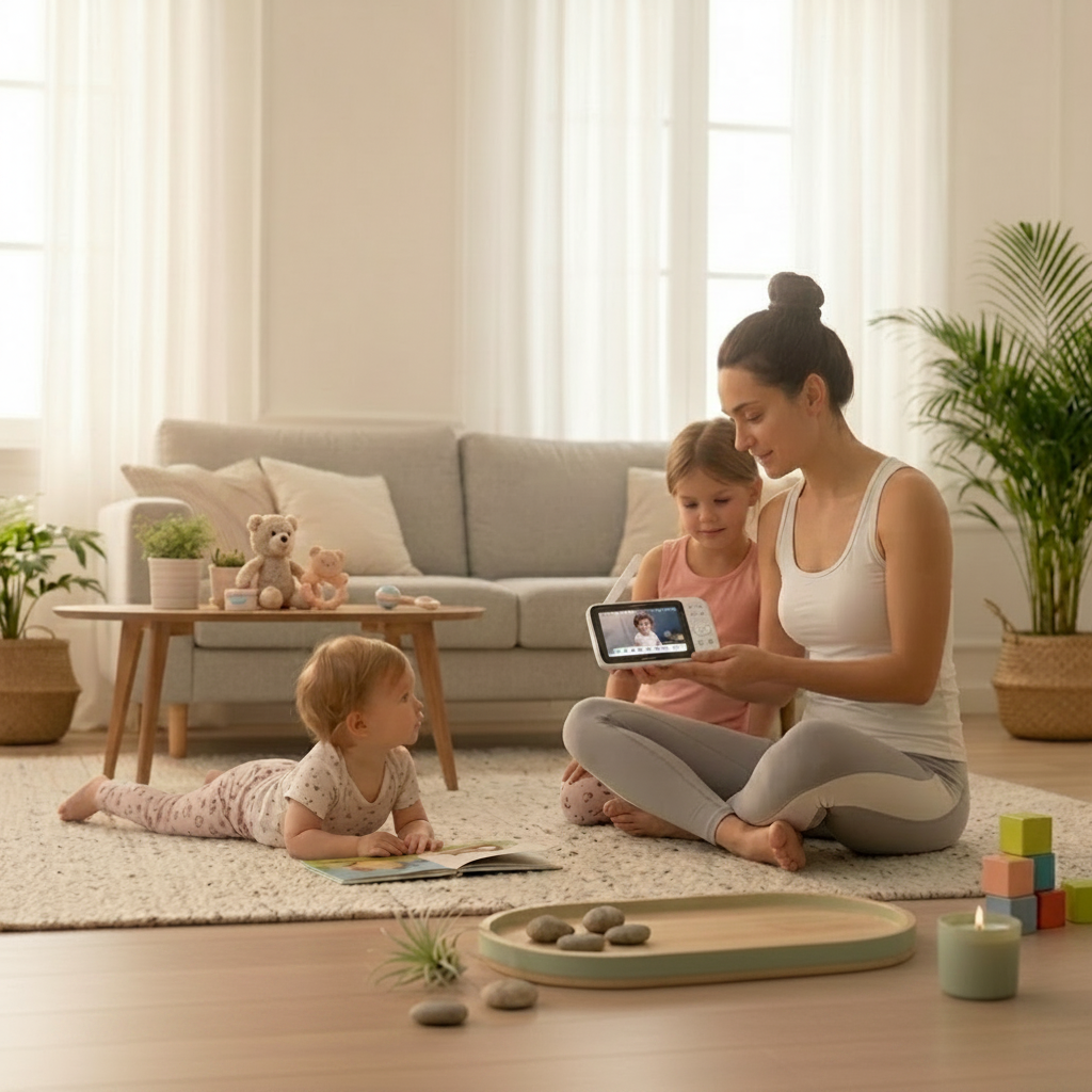 Babyphone avec moniteur portable tenu par une maman assise au salon avec ses deux enfants, dans une ambiance chaleureuse et épurée.