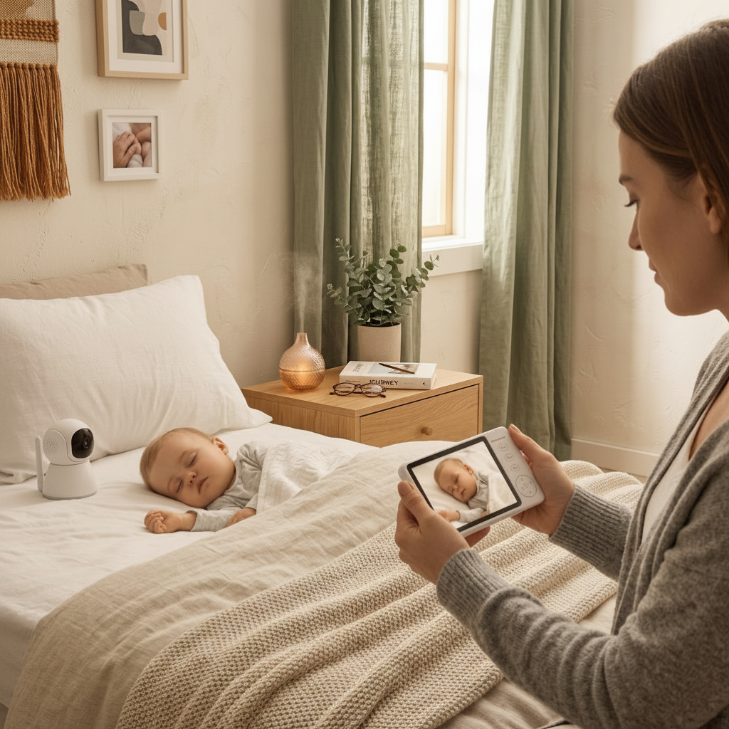 Babyphone utilisé par une maman dans une chambre d'enfant au style boho chic moderne avec rideaux verts et lumière naturelle.