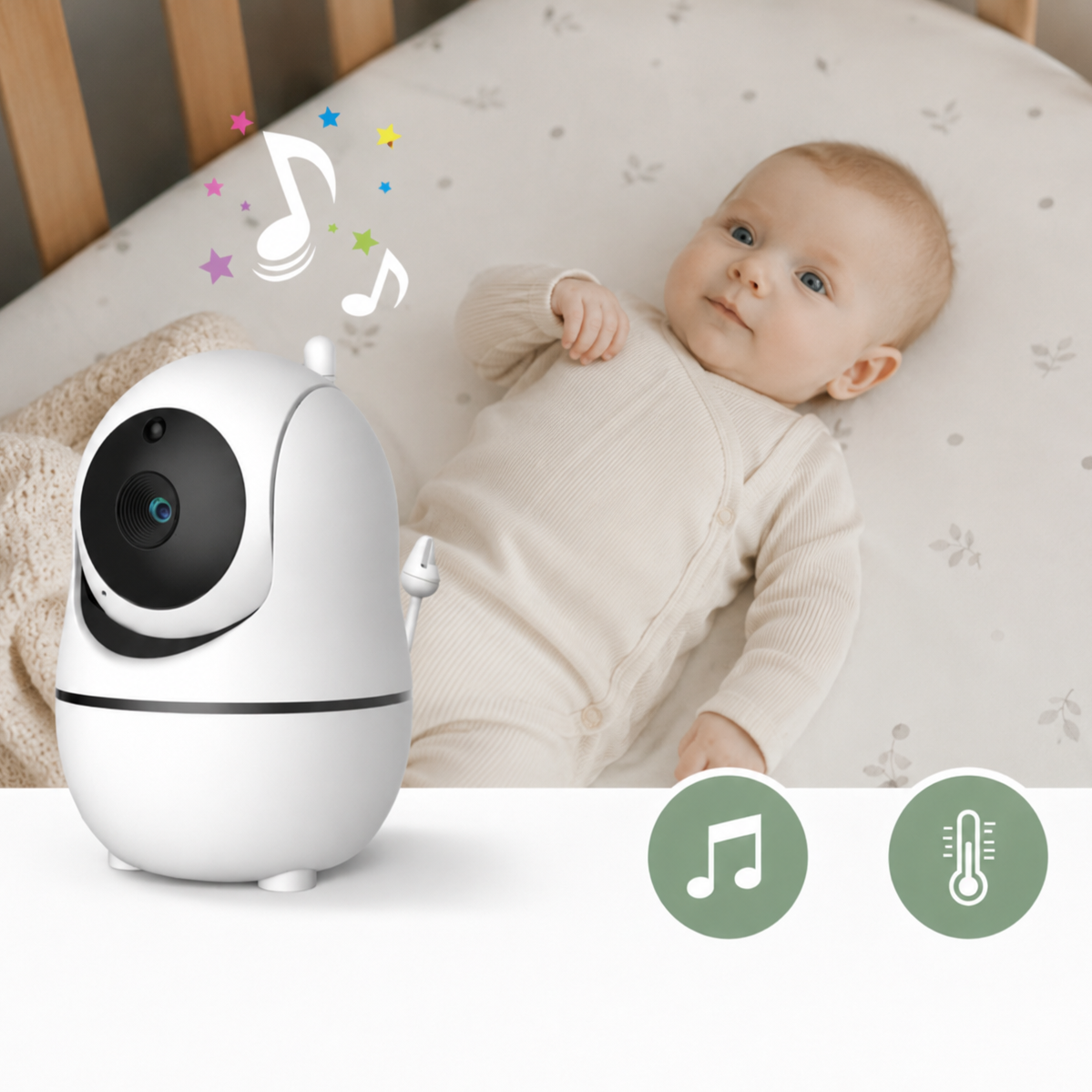 Babyphone avec fonction musique activée à côté d'un nouveau-né qui dort paisiblement.