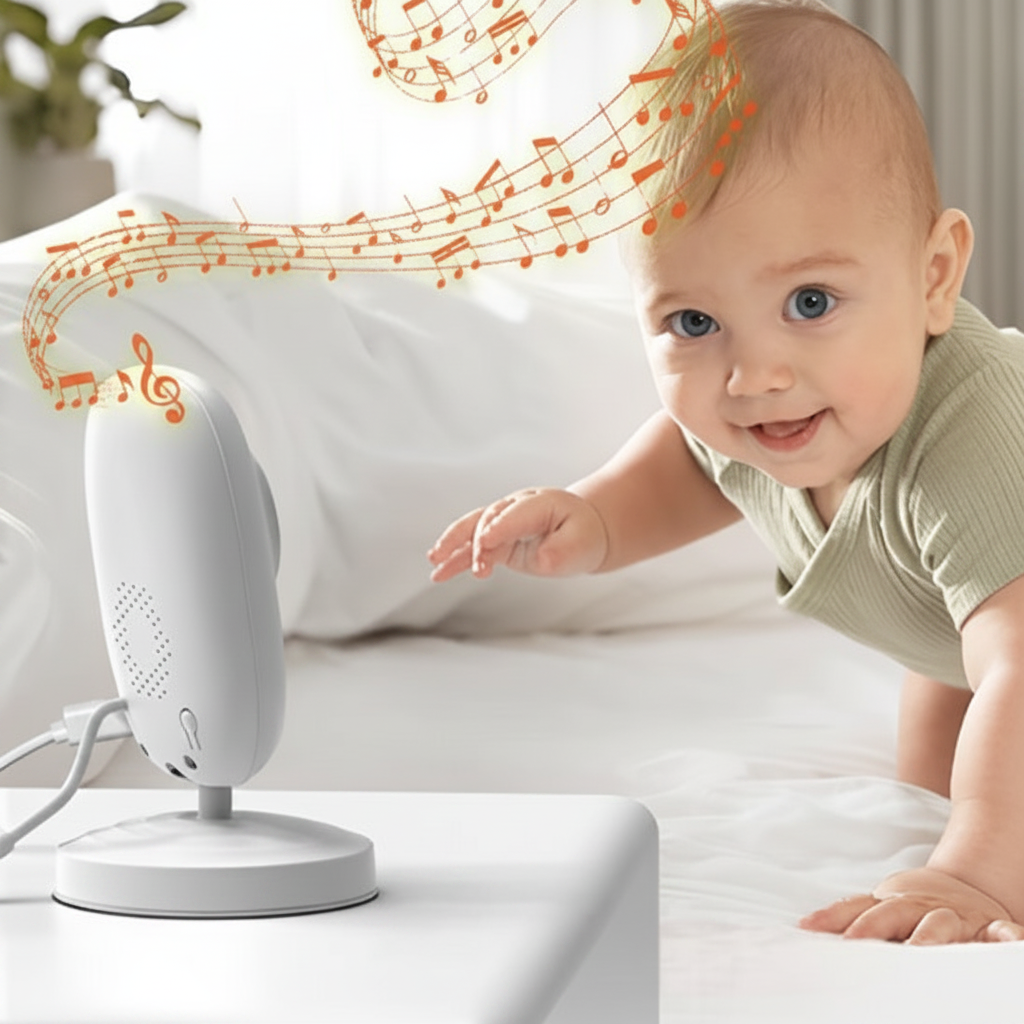 Babyphone caméra bébé avec fonction berceuse diffusant des notes de musique pour apaiser l'enfant durant la journée.