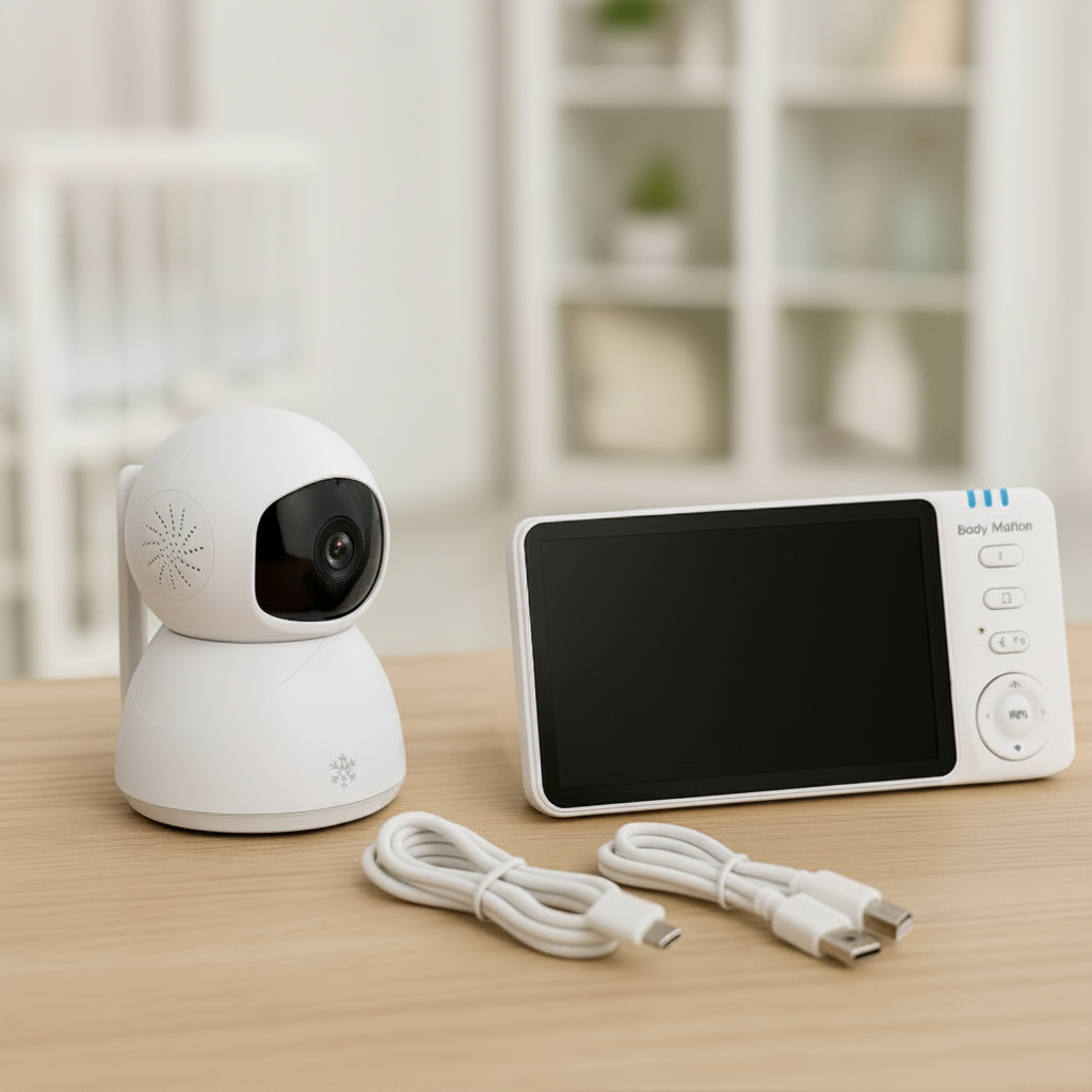 Babyphone ensemble complet incluant la caméra design, le moniteur de contrôle et les accessoires de charge.