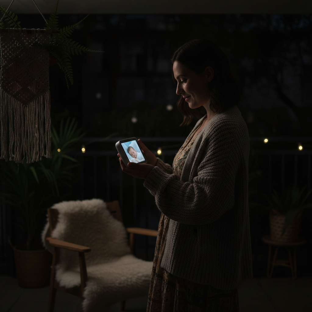 Babyphone récepteur portable utilisé par un parent en soirée dans une ambiance tamisée avec un éclairage d'ambiance.