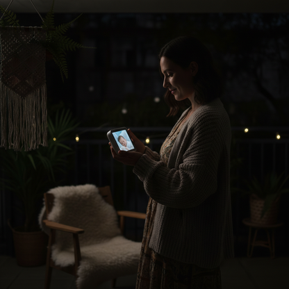 Babyphone récepteur portable utilisé par un parent en soirée dans une ambiance tamisée avec un éclairage d'ambiance.