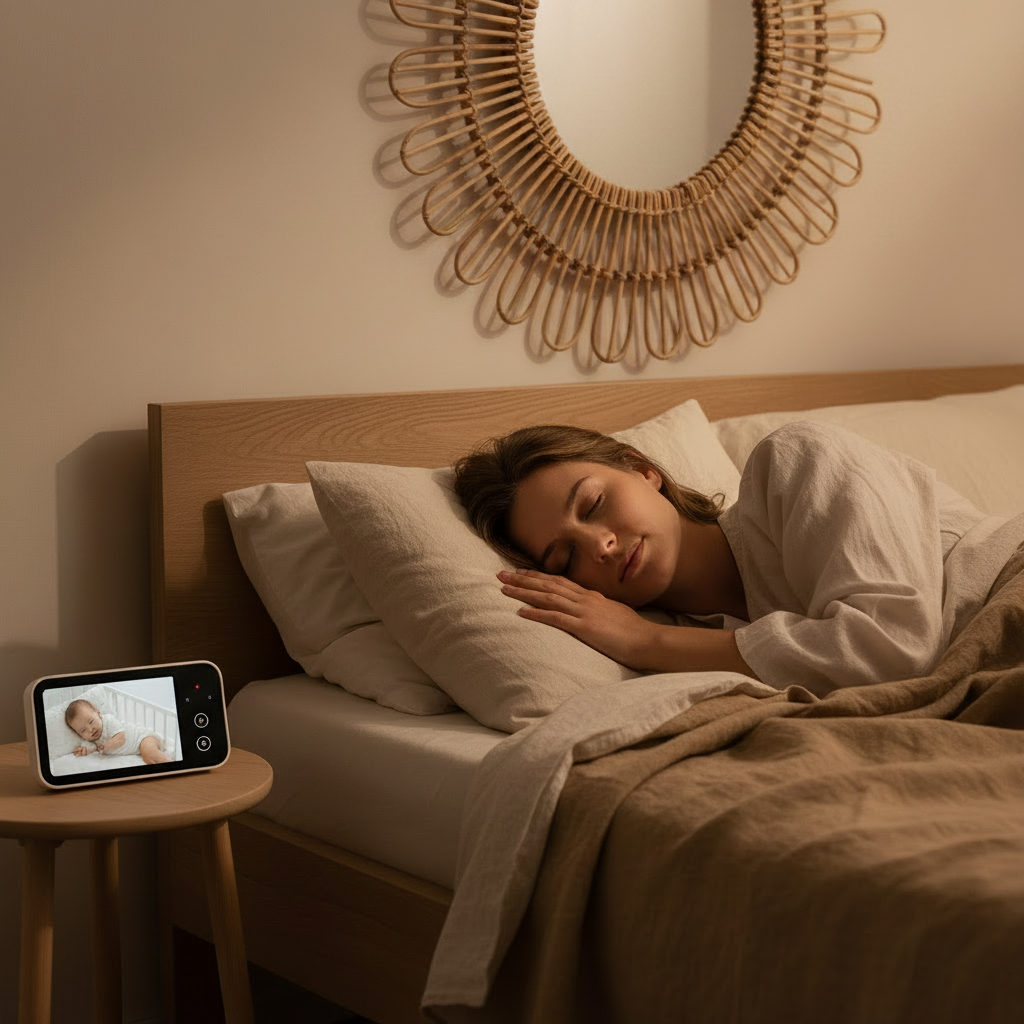 Babyphone posé sur une table de nuit à côté d'une maman qui dort pour une surveillance nocturne sécurisée.
