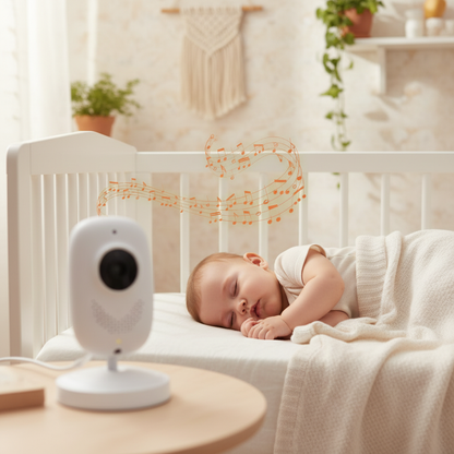 Babyphone utilisation de la caméra  vidéo zéphyr pour surveiller le sommeil d'un nourrisson dans un lit à barreaux.
