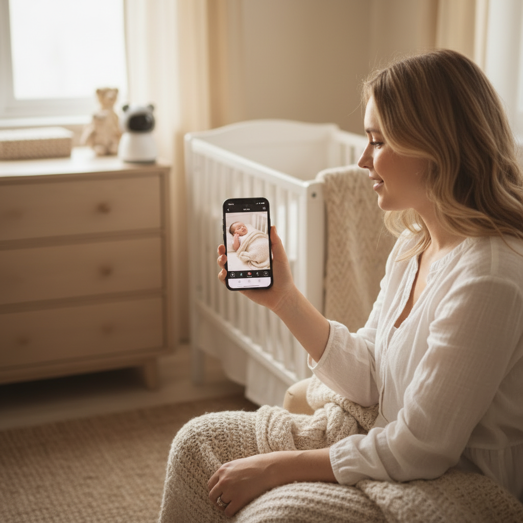 Babyphone vidéo sur smartphone utilisé la nuit par une maman assise à côté du berceau en bois de son bébé dans une lumière douce.