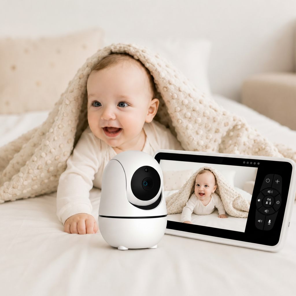 Babyphone vidéo blanc avec écran large haute définition posé à côté d'un bébé souriant sous une couverture beige.