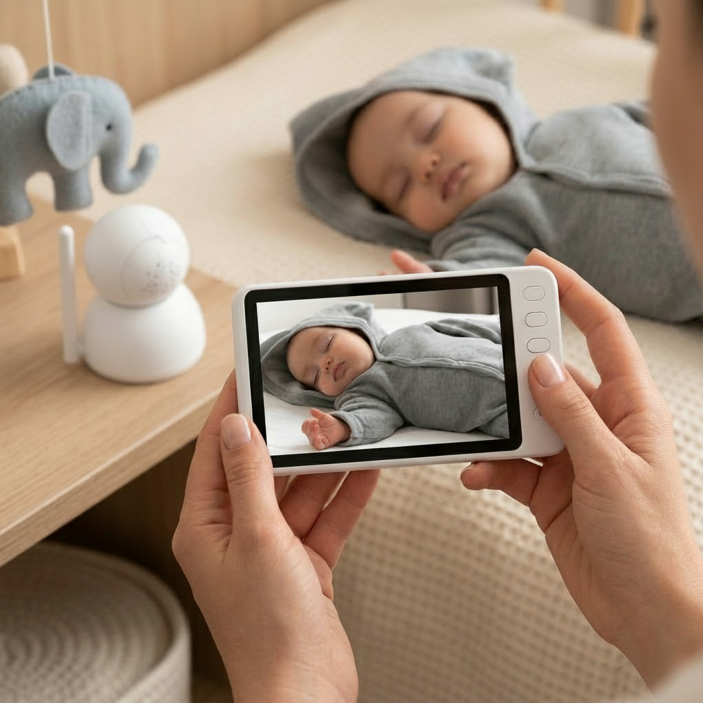 Babyphone vidéo avec écran HD tenu à la main affichant un nourrisson endormi en gigoteuse grise dans un décor épuré.