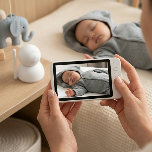 Babyphone vidéo avec écran HD tenu à la main affichant un nourrisson endormi en gigoteuse grise dans un décor épuré.