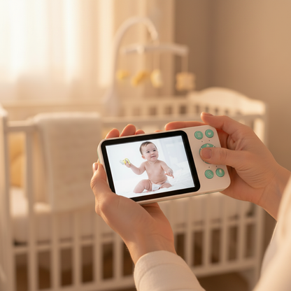 Babyphone vidéo optimisé avec écran haute définition tenu en main, affichant clairement un bébé qui joue dans son berceau.