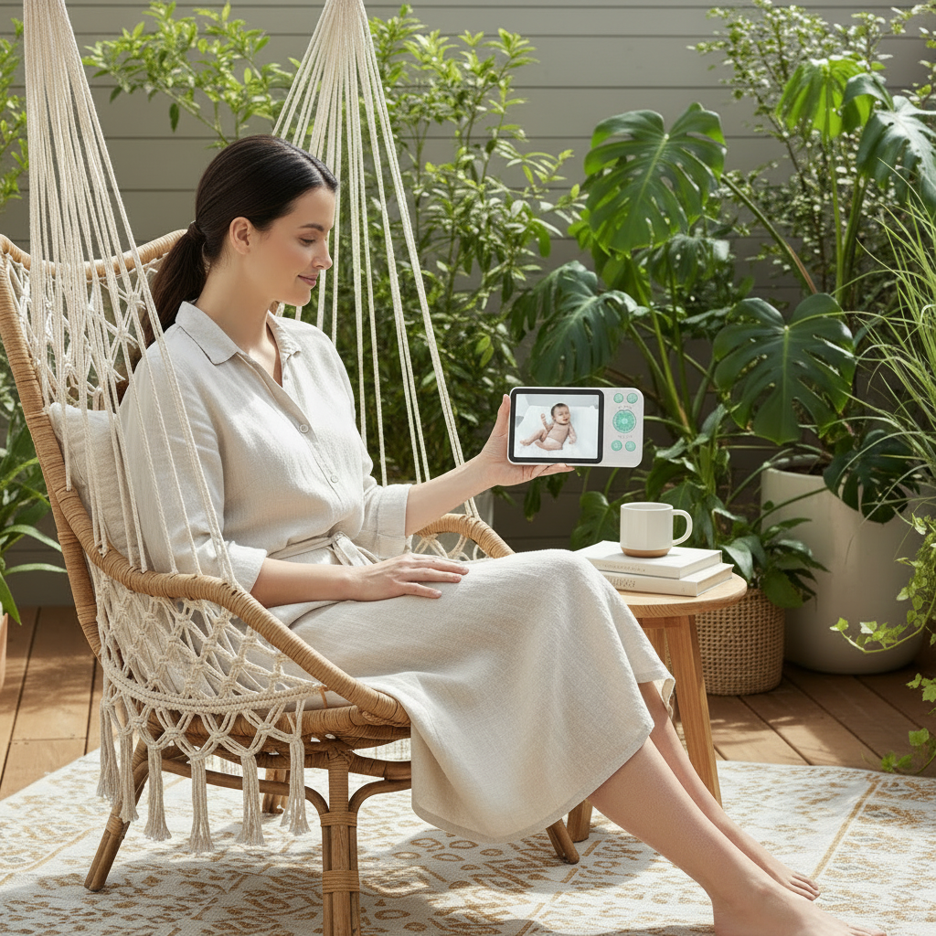 Babyphone vidéo optimisé posé sur un plan de travail de cuisine, permettant à une maman de garder un œil sur son enfant tout en relaxationsur la terasse.