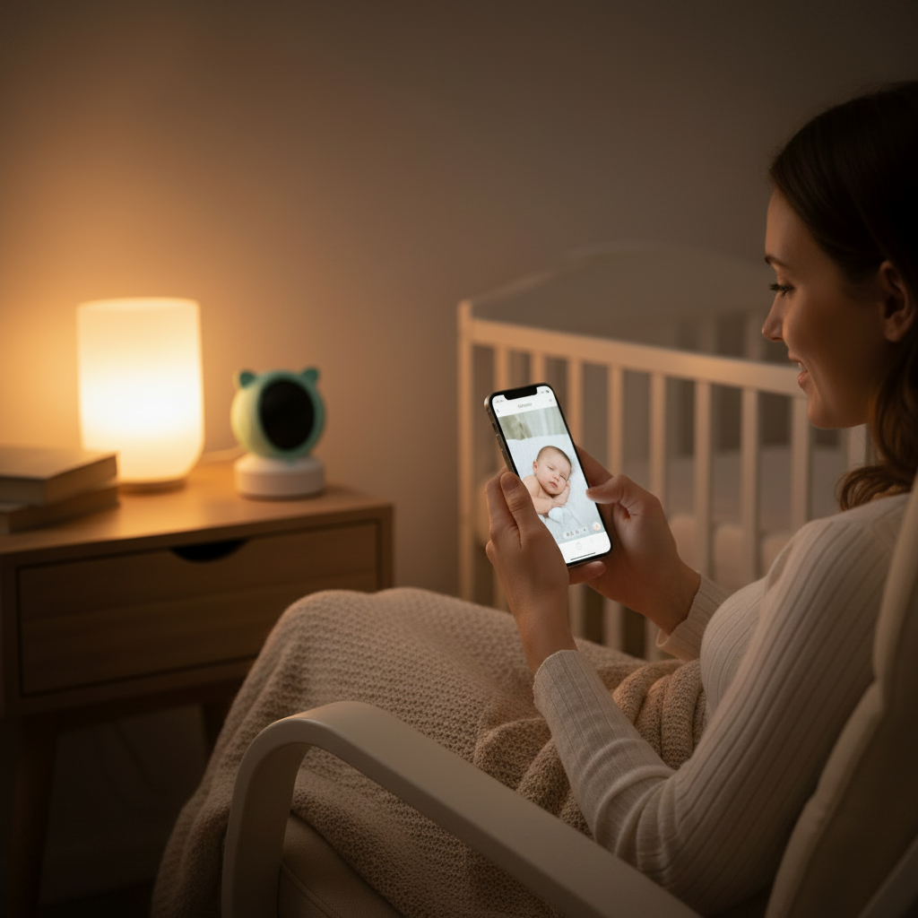 Babyphone vidéo optimisé utilisé par une maman dans une chambre tamisée, consultant l'application sur smartphone pour surveiller bébé pendant la nuit.