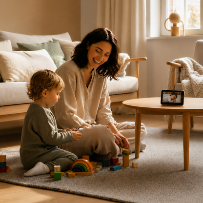 Babyphone vidéo utilisé par une maman qui joue avec son enfant dans un salon lumineux, posé sur la table basse.