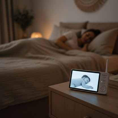 Babyphone en mode vision nocturne allumé sur une table de chevet montrant le sommeil du bébé pendant que le parent se repose.