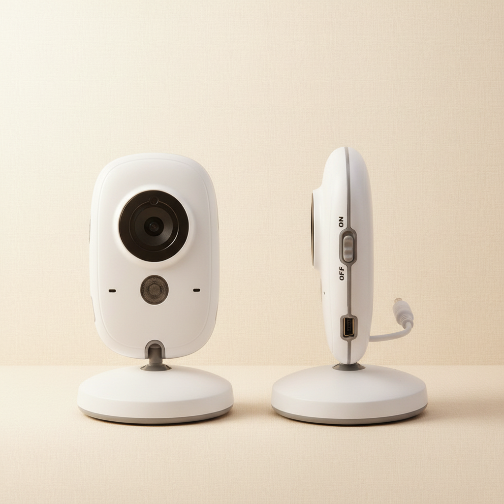 Babyphone double vue de la caméra bébé zéphyr montrant le design épuré de face et de profil.
