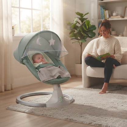 Balancelle bébé dans un coin lecture du salon avec une maman lisant un livre sur un fauteuil.