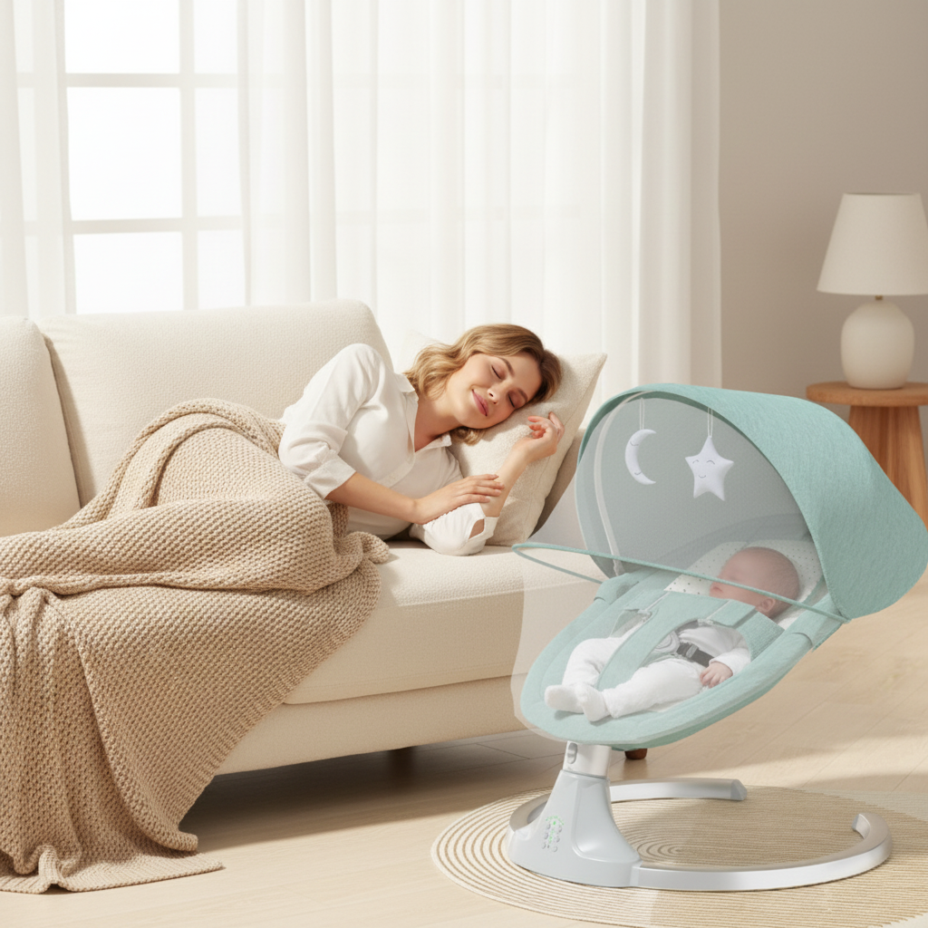 Balancelle bébé à côté d'un canapé où une maman fait une sieste, surveillance facile.