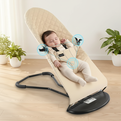 Balancelle bébé ergonomique de couleur beige avec un jouet d'éveil suspendu