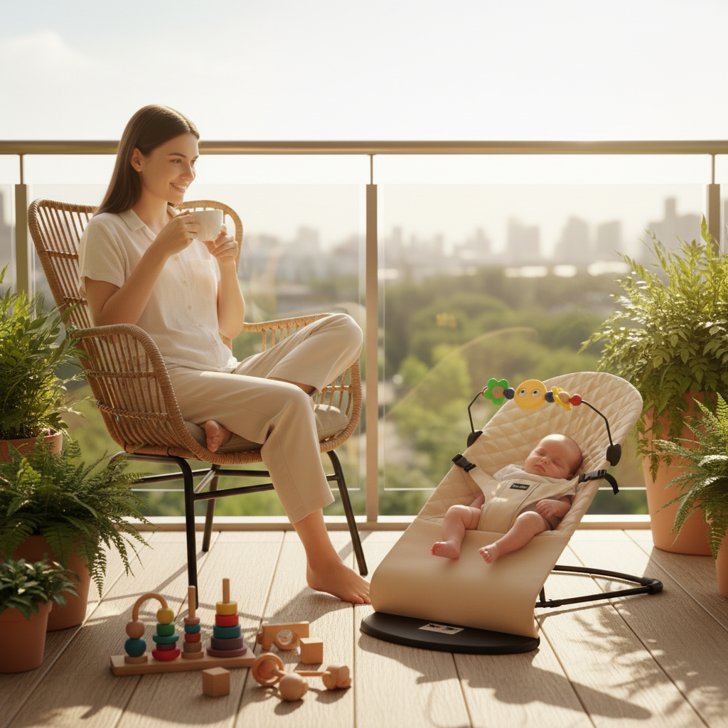 Balancelle bébé utilisée en extérieur sur un balcon pendant qu'une maman se détend