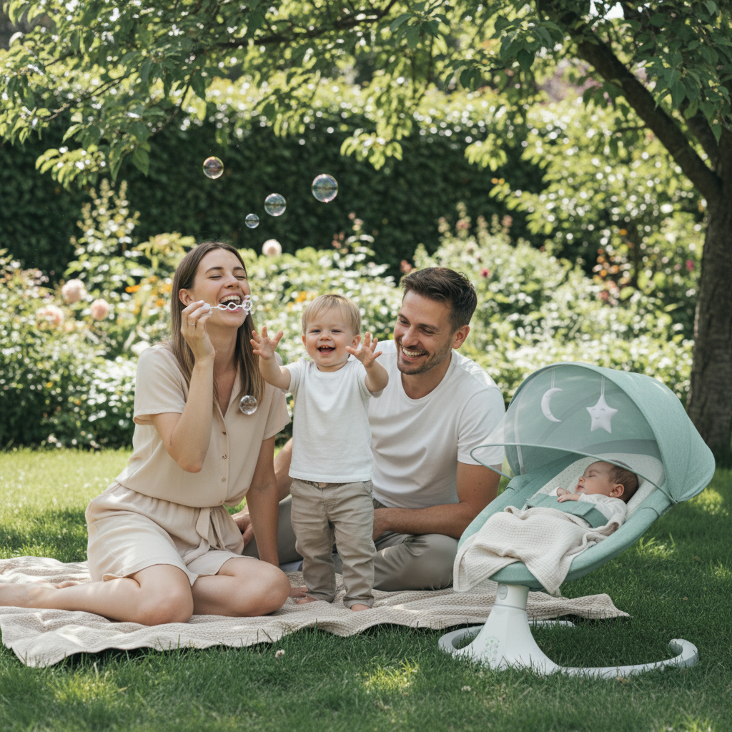 Balancelle bébé en extérieur sur une pelouse avec toute la famille (parents et enfant) en pique-nique.