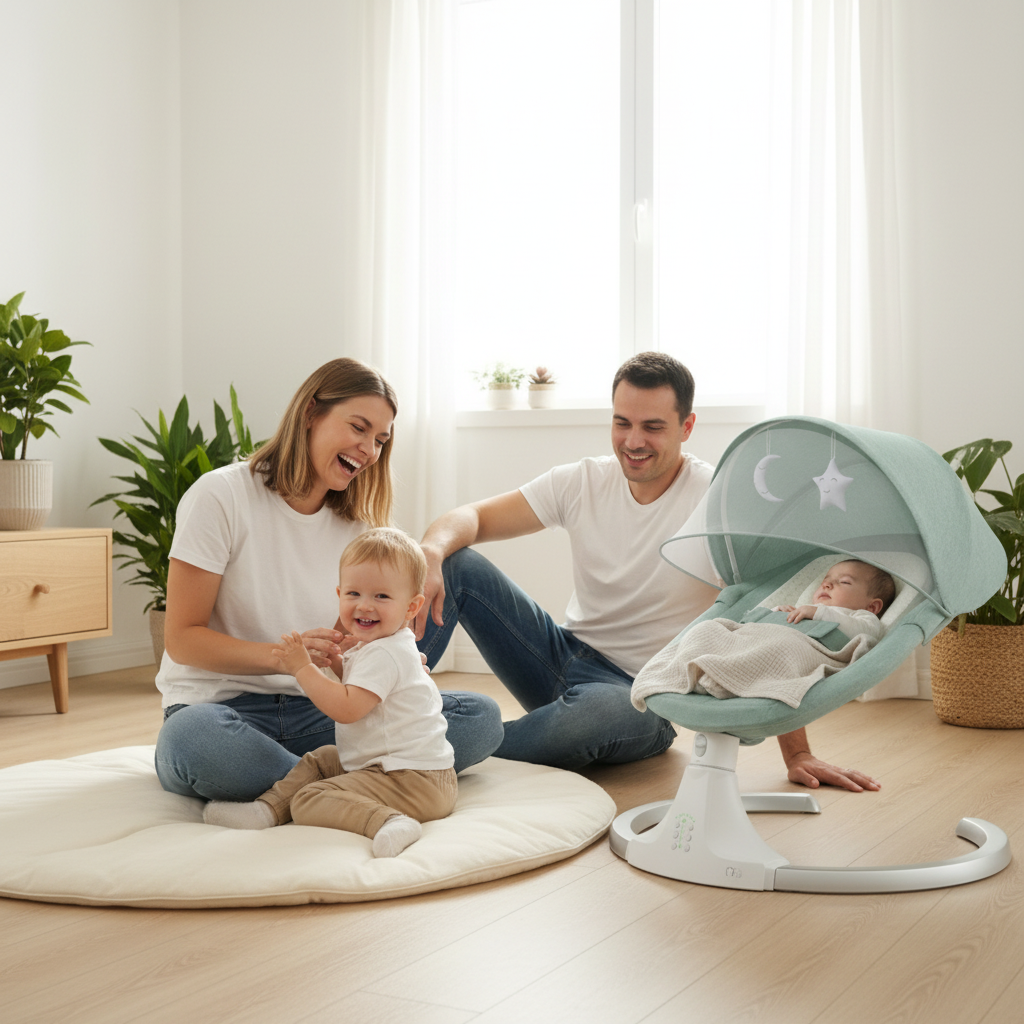 Balancelle bébé et famille (papa, maman, enfant) jouant ensemble sur un tapis dans un salon lumineux.