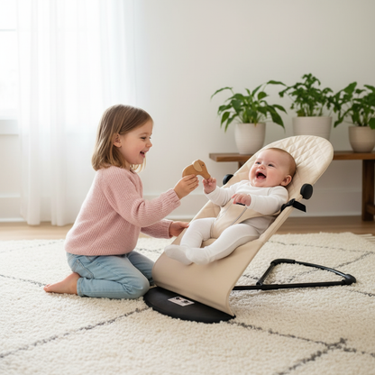 Balancelle bébé avec arche de jeux dans une chambre d'enfant chaleureuse avec grande soeur.