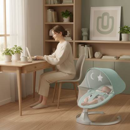 Balancelle bébé près d'un bureau où une maman travaille sur un ordinateur, pour surveiller bébé en télétravail.