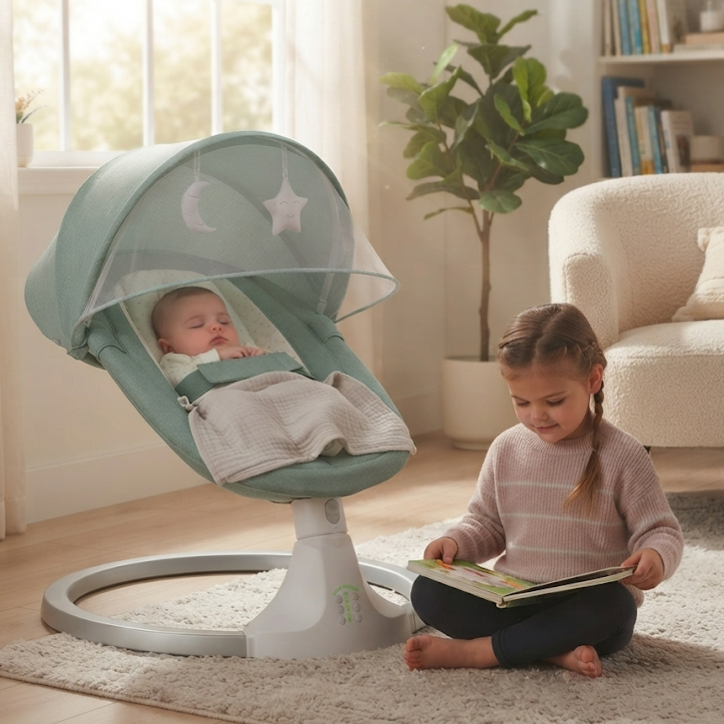 Balancelle bébé dans le salon avec un enfant plus grand lisant un livre juste à côté, autonomie et surveillance.