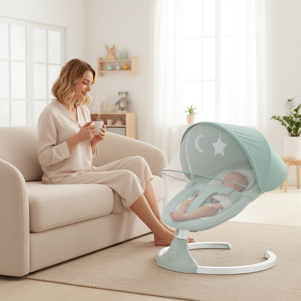 Balancelle bébé dans le salon avec une maman assise sur un canapé à proximité, moment de détente.
