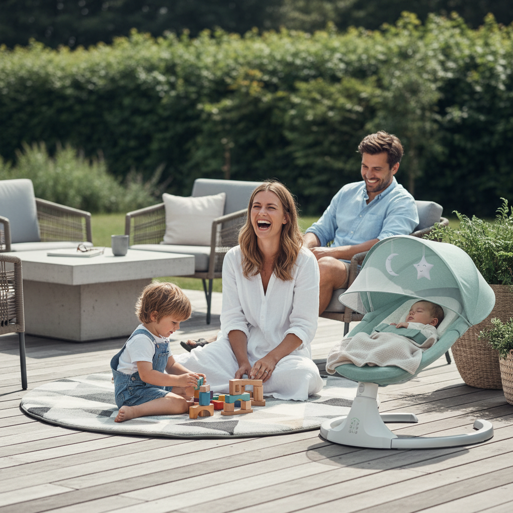 Balancelle bébé sur une terrasse de jardin avec la famille en arrière-plan, détente en plein air.