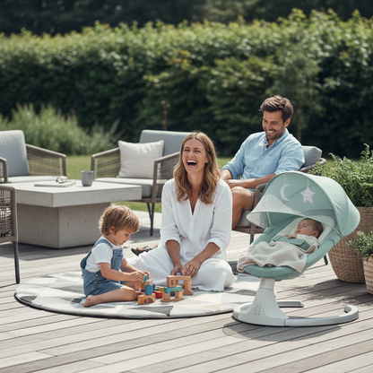 Balancelle bébé sur une terrasse de jardin avec la famille en arrière-plan, détente en plein air.