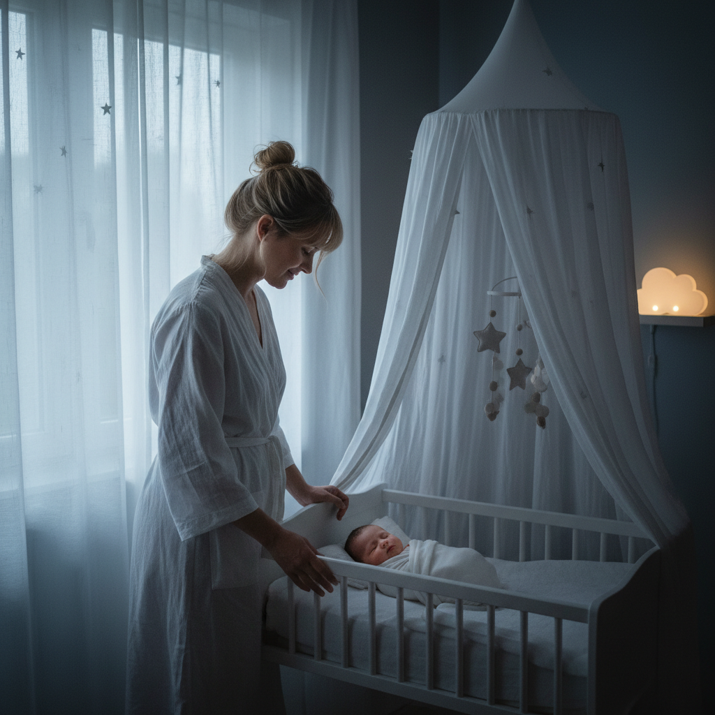 Baldaquin blanc tamisant la lumière autour du berceau d'un bébé pendant la nuit, avec une maman veillant délicatement sur son enfant.